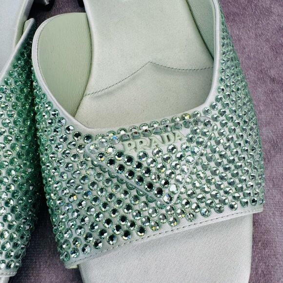 Prada Satin Crystal Embellished Green Slide Mules Sandals 37 NEW - Picture 4 of 9